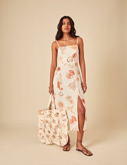 Elizabeth Scarlett White Linen-blend Shell Print Maddy Midi Dress