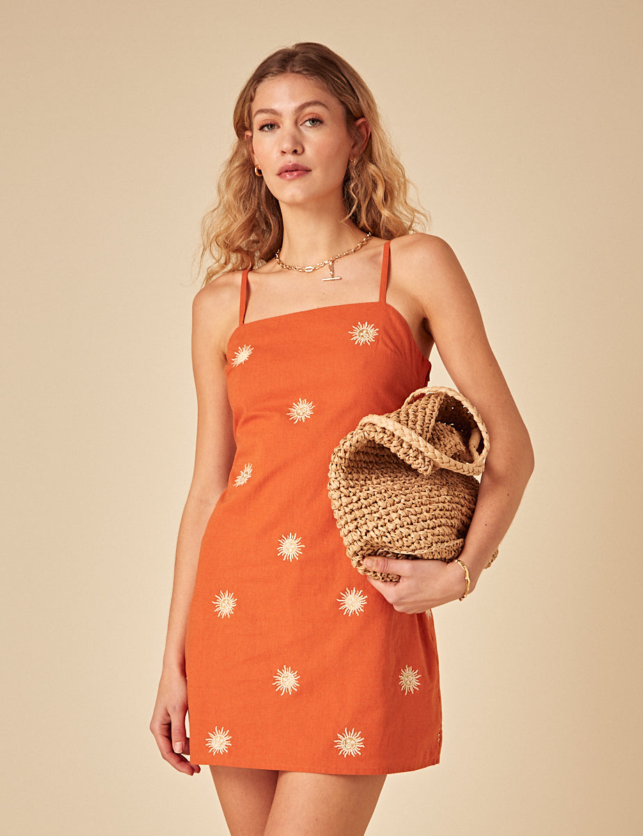 Elizabeth Scarlett Orange Embroidered Palma Mini Dress