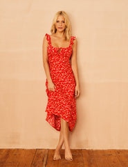 Poppy Delevingne Red Floral Laura Midi Dress
