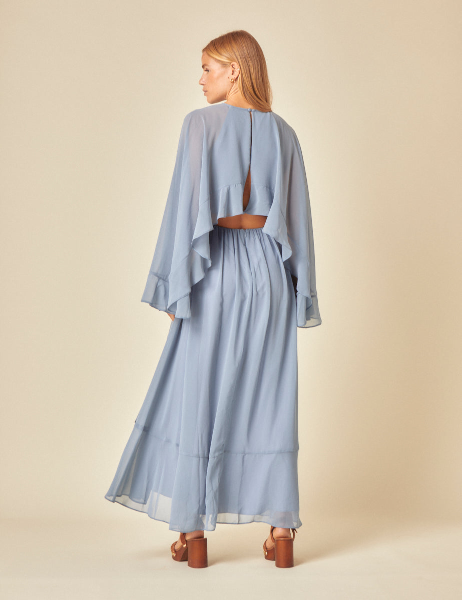Poppy Delevingne Blue Ruffle Maxi Dress