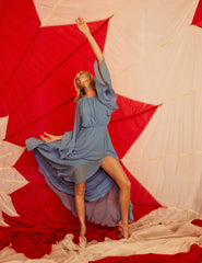 Poppy Delevingne Blue Ruffle Maxi Dress