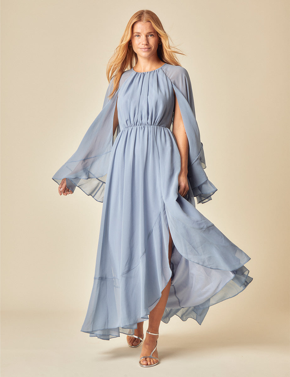 Poppy Delevingne Blue Ruffle Maxi Dress