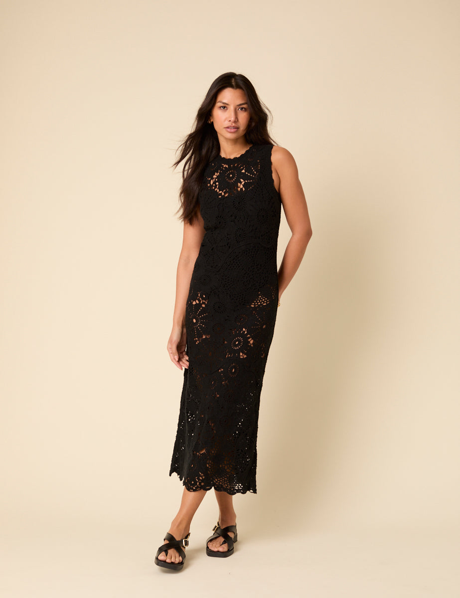 Poppy Delevingne Black Crochet Olympia Midi Dress