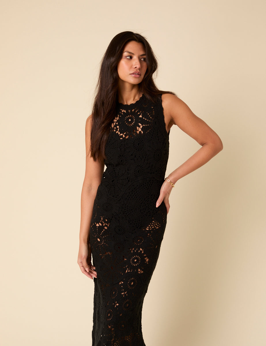 Poppy Delevingne Black Crochet Olympia Midi Dress