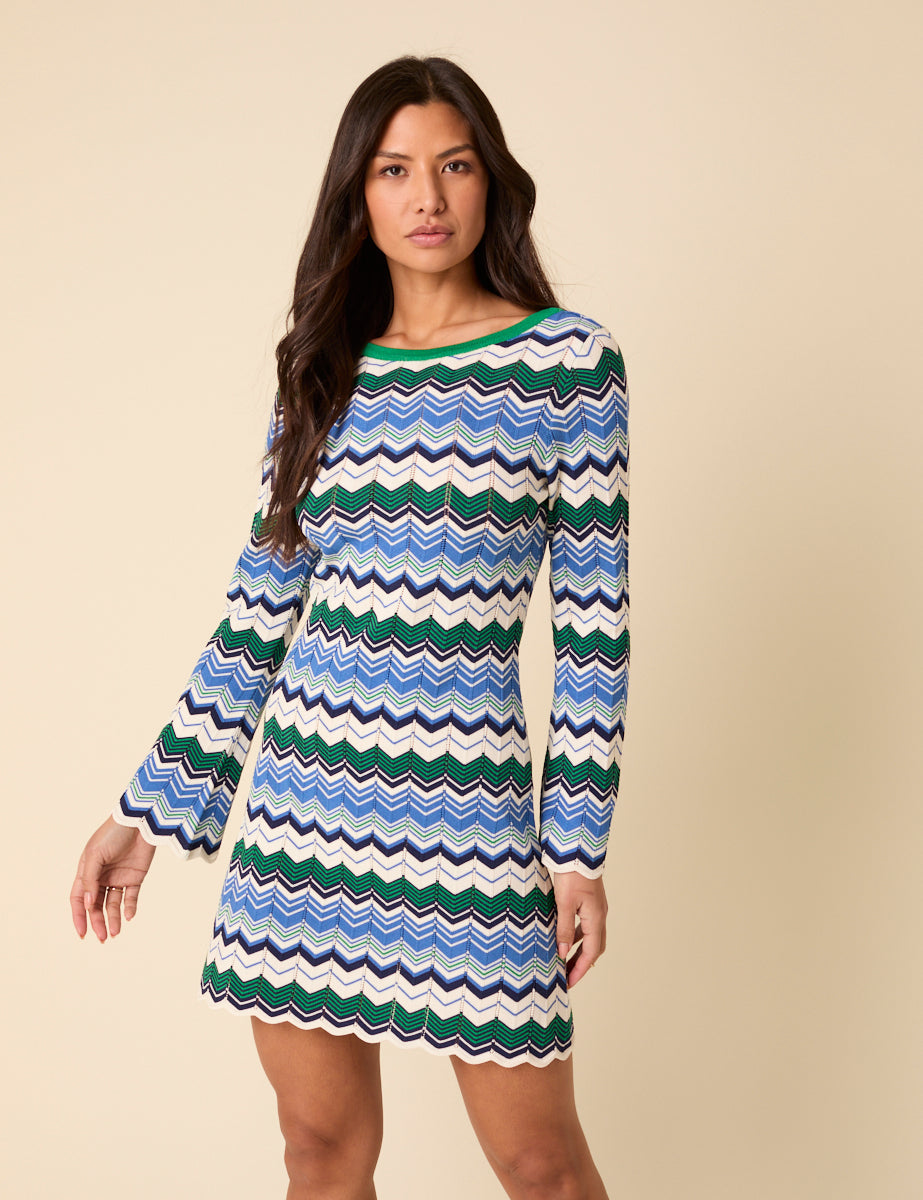 Green And Blue Striped Chevron Mini Dress