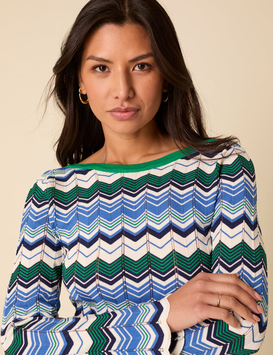 Green And Blue Striped Chevron Mini Dress