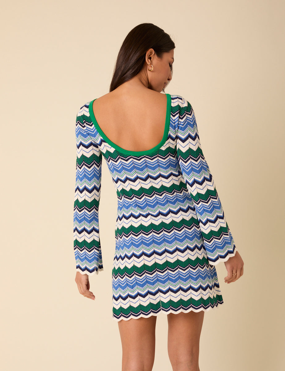Green And Blue Striped Chevron Mini Dress