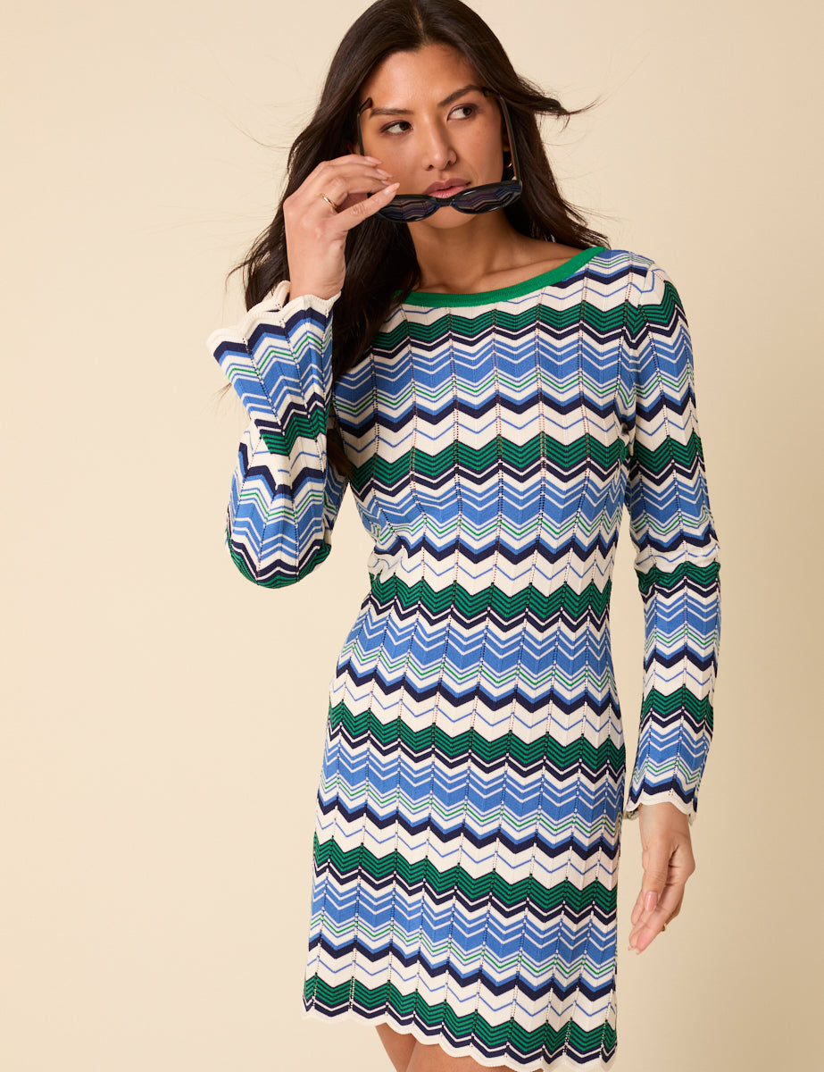 Green And Blue Striped Chevron Mini Dress