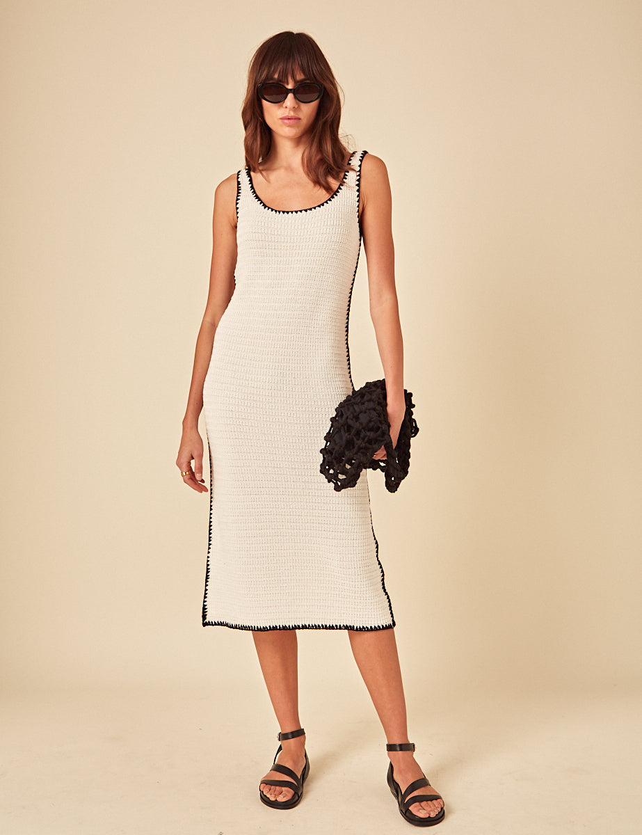 Cream Contrast Trim Scoop Neck Kitted Midi Dress