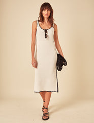 Cream Contrast Trim Scoop Neck Kitted Midi Dress