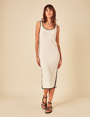 Cream Contrast Trim Scoop Neck Kitted Midi Dress