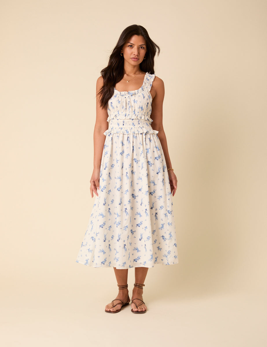 White Floral Sleeveless Ariel Midi Dress