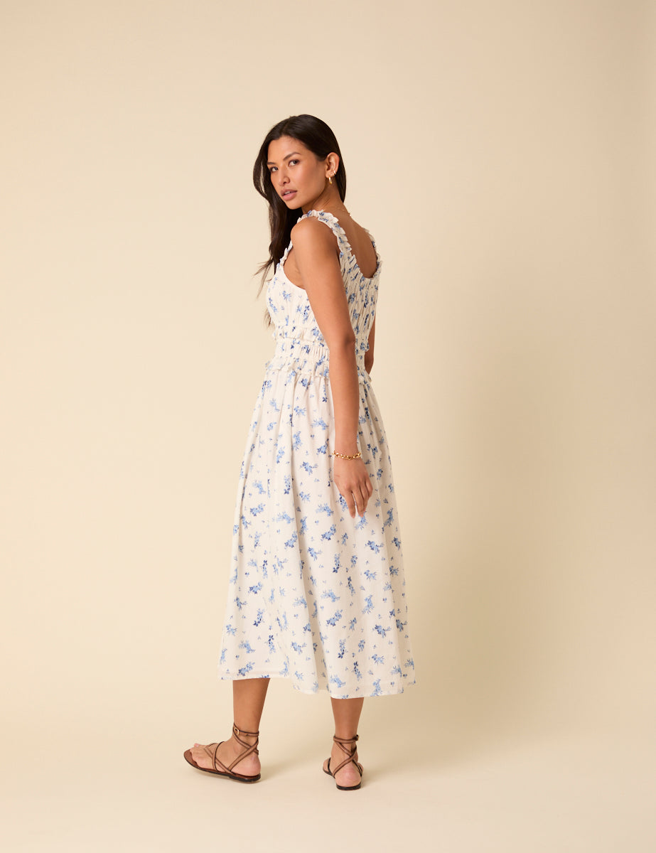 White Floral Sleeveless Ariel Midi Dress