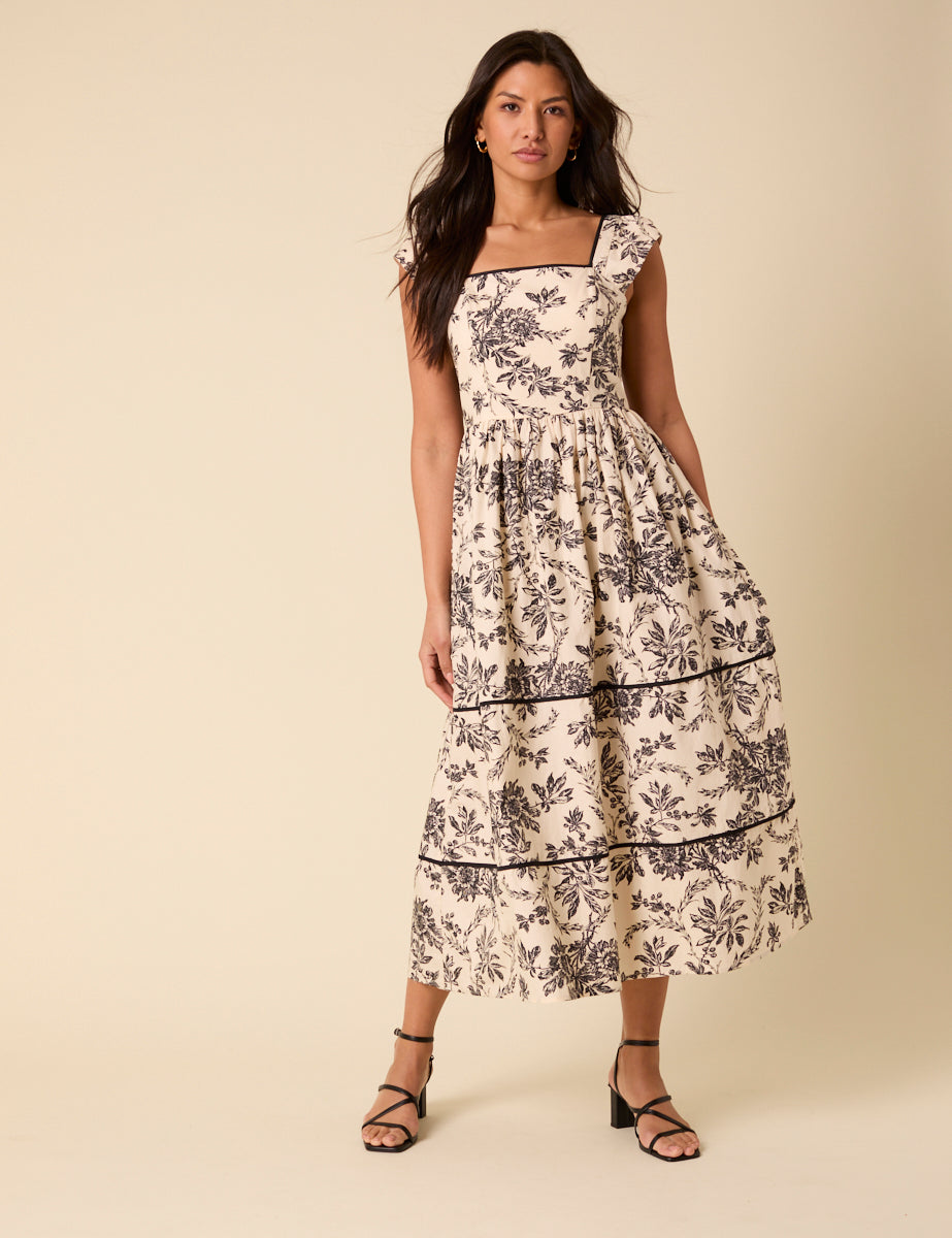 Black And White Floral Mira Midi Dress