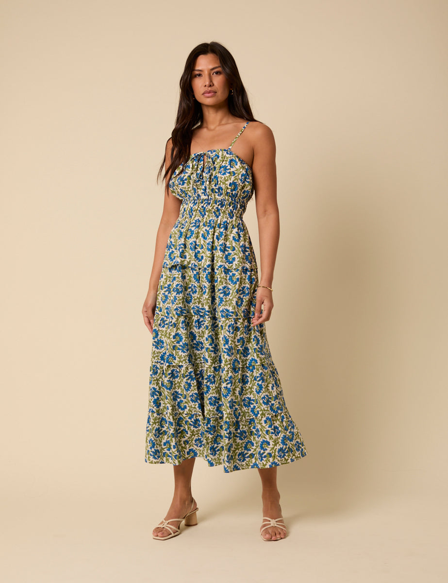 Blue and Green Woodblock Printed Olivia Midi Dress