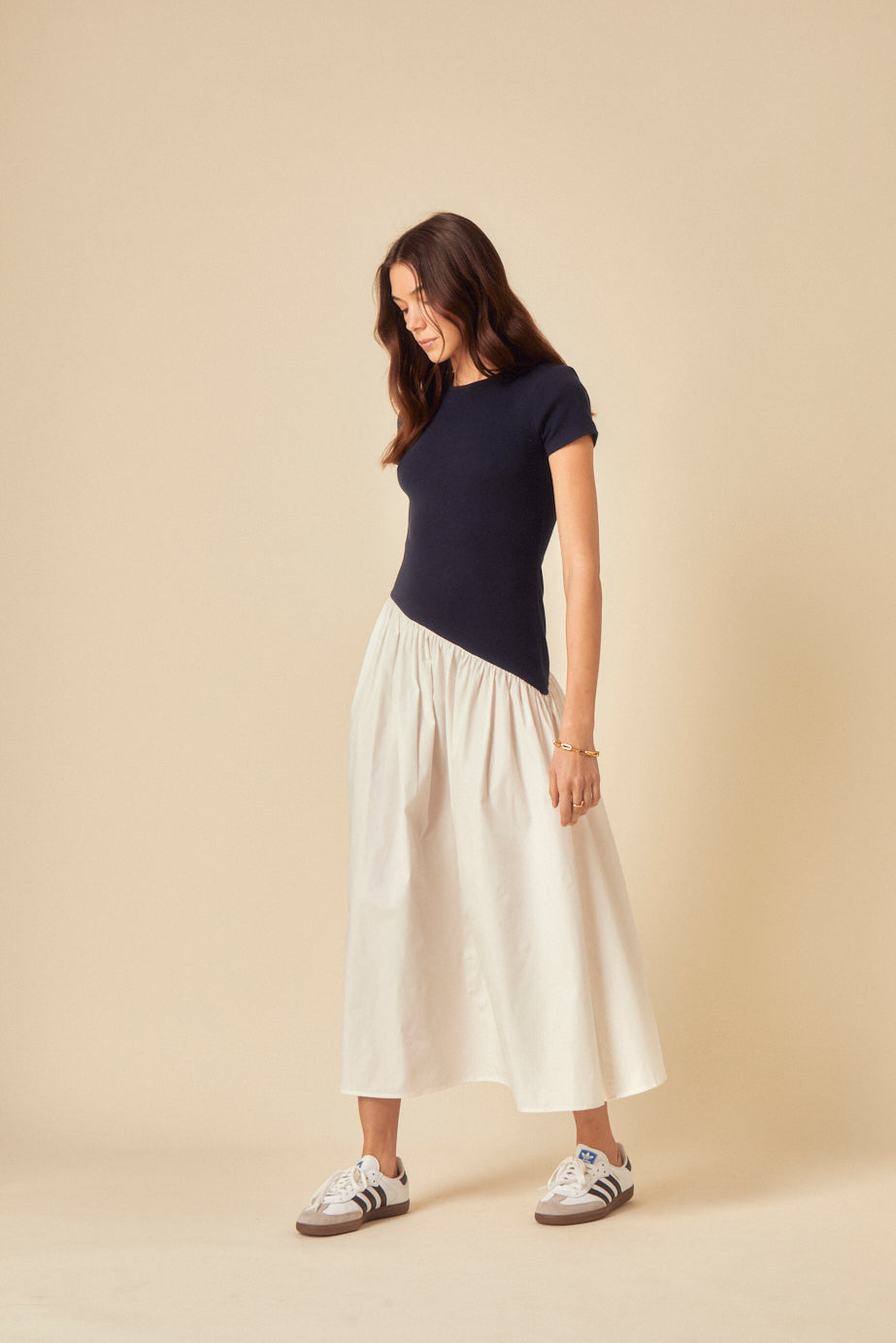 Navy And White Asymmetric Waist Midi Dress