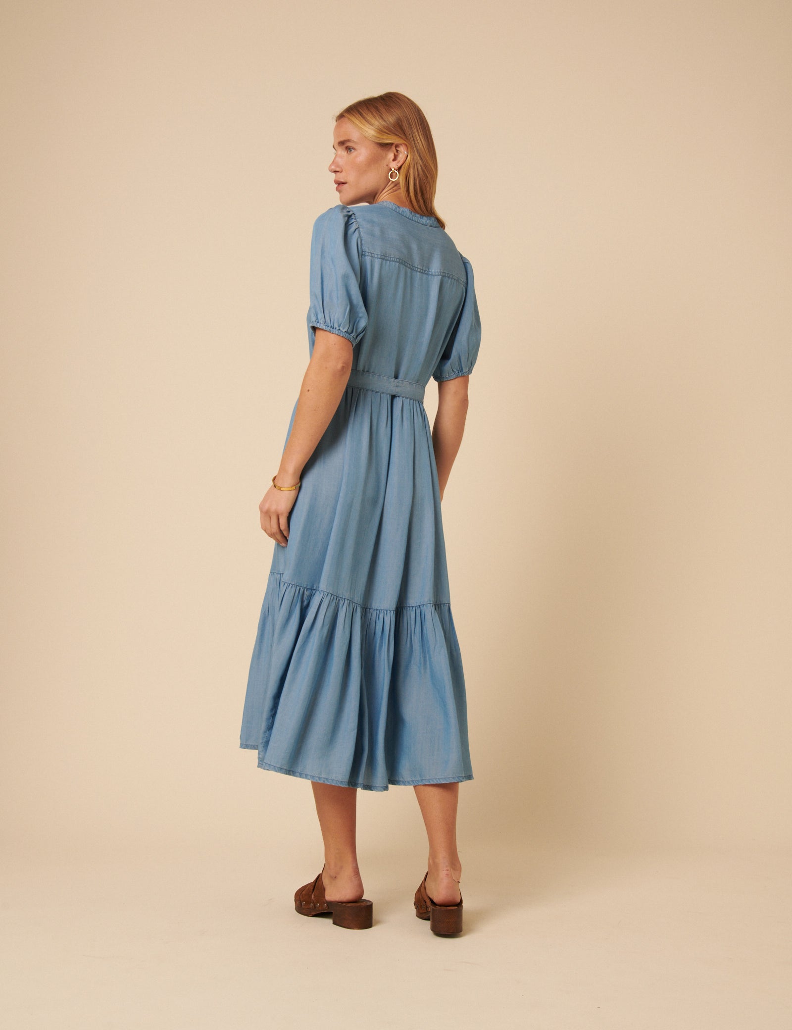 Blue Denim Tiered Clover Midi Dress