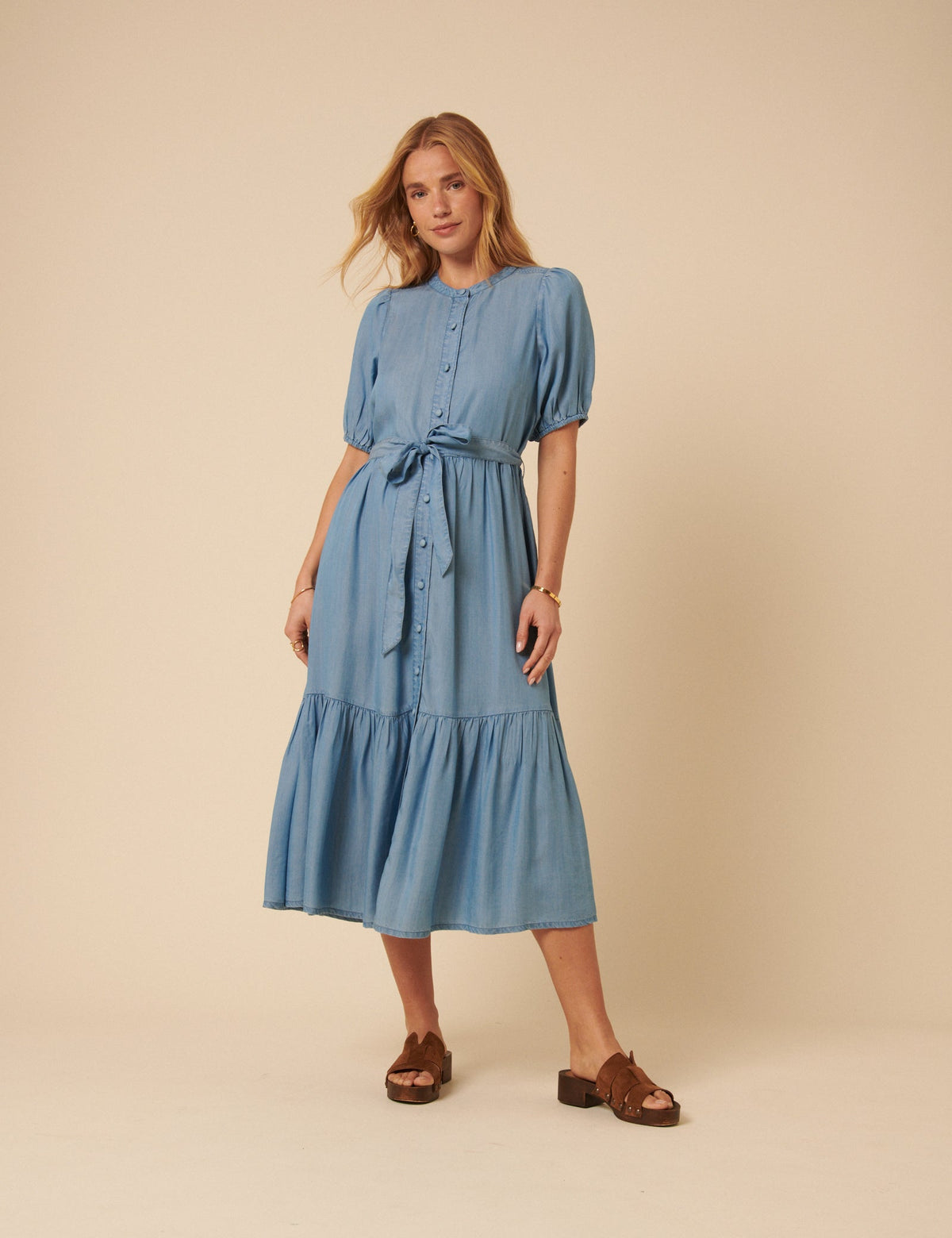 Blue Denim Tiered Clover Midi Dress
