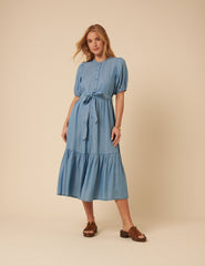 Blue Denim Tiered Clover Midi Dress