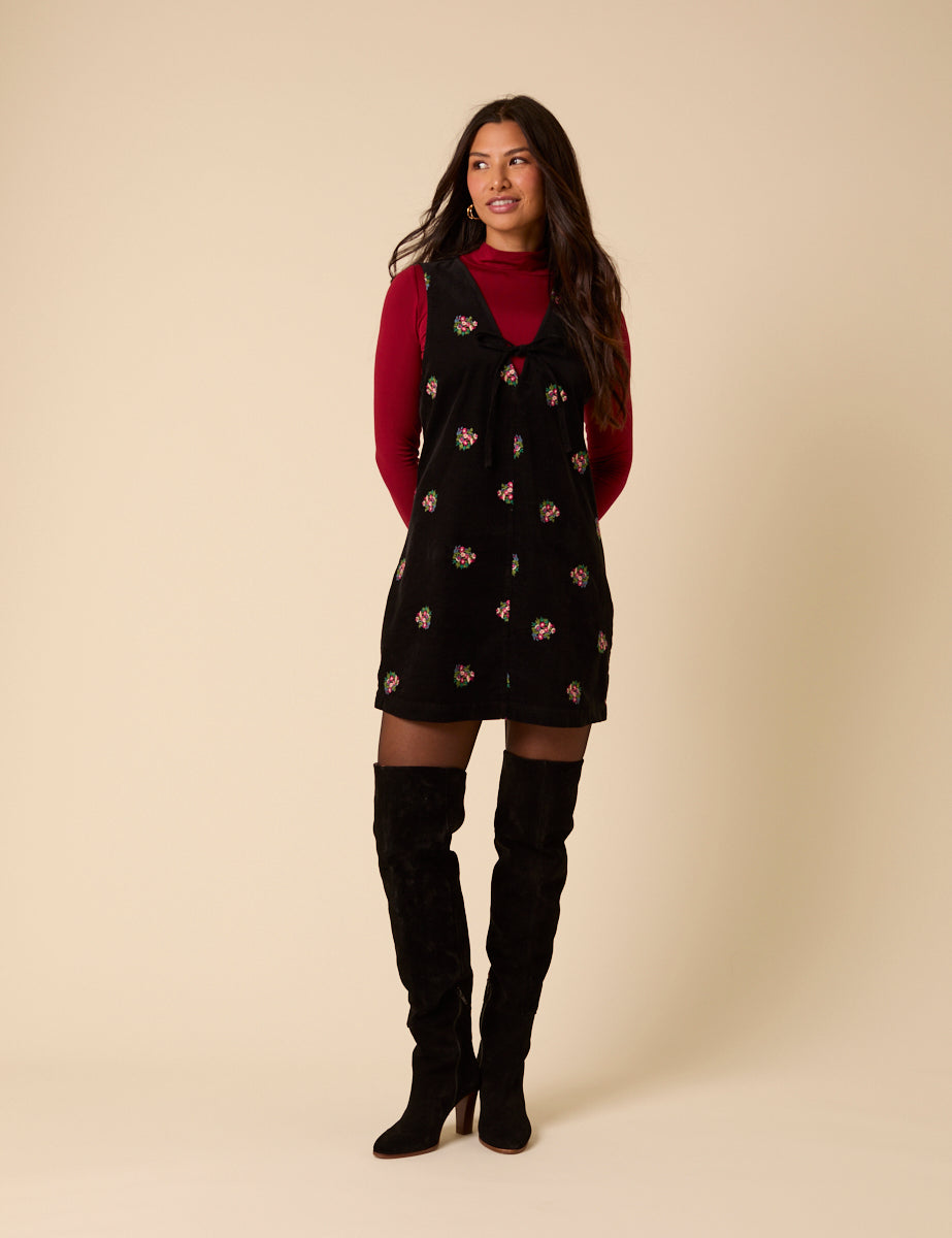 Black Floral Embroidered Cord Nila Pinafore Mini Dress