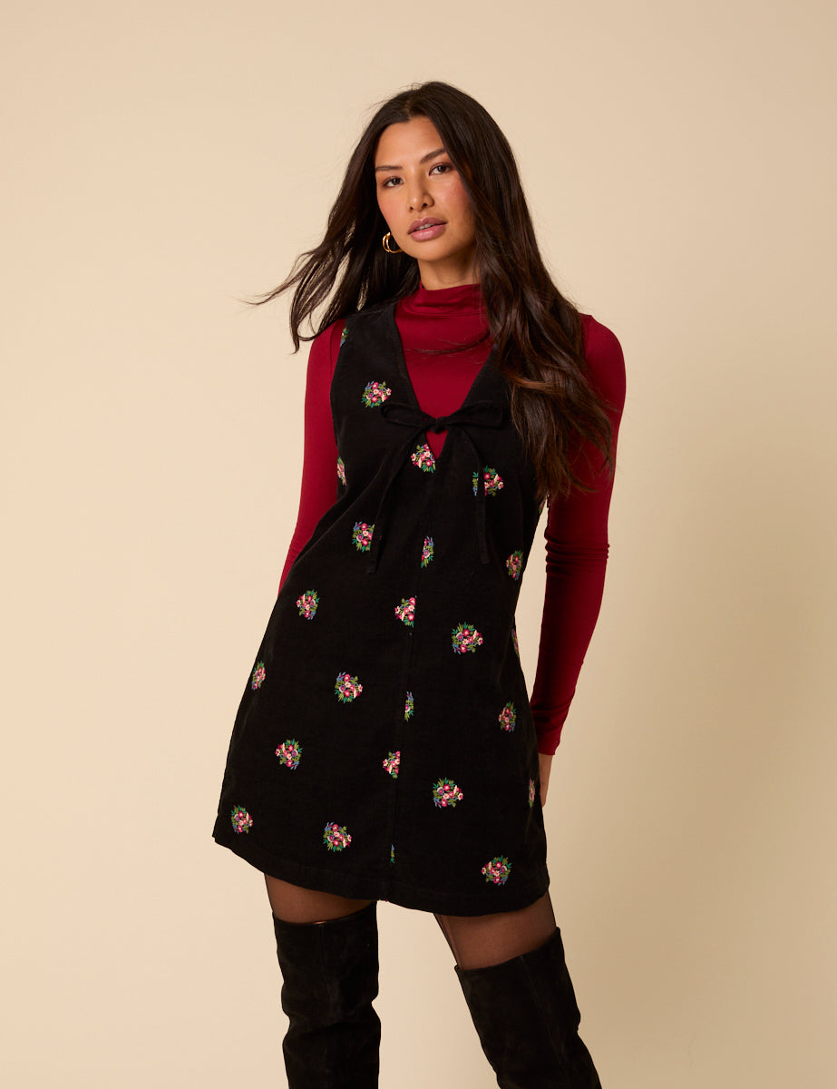 Black Floral Embroidered Cord Nila Pinafore Mini Dress