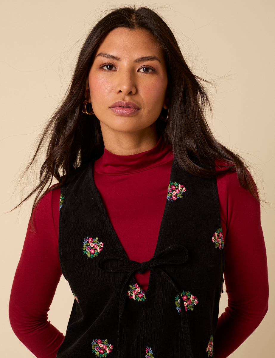 Black Floral Embroidered Cord Nila Pinafore Mini Dress