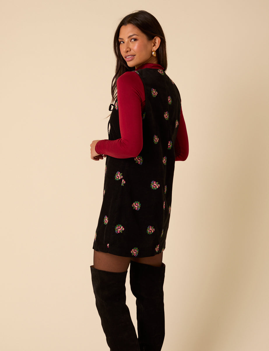 Black Floral Embroidered Cord Nila Pinafore Mini Dress