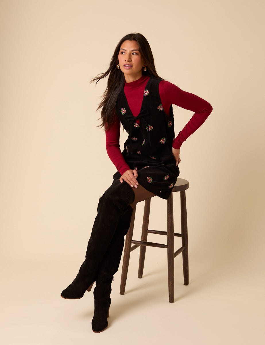 Black Floral Embroidered Cord Nila Pinafore Mini Dress