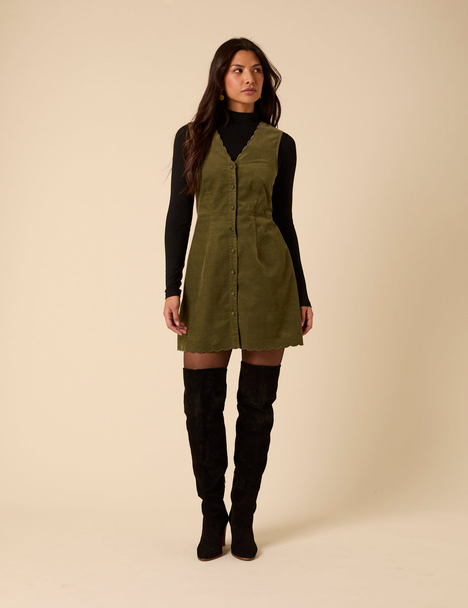 Green Cord Leone Pinafore Mini Dress
