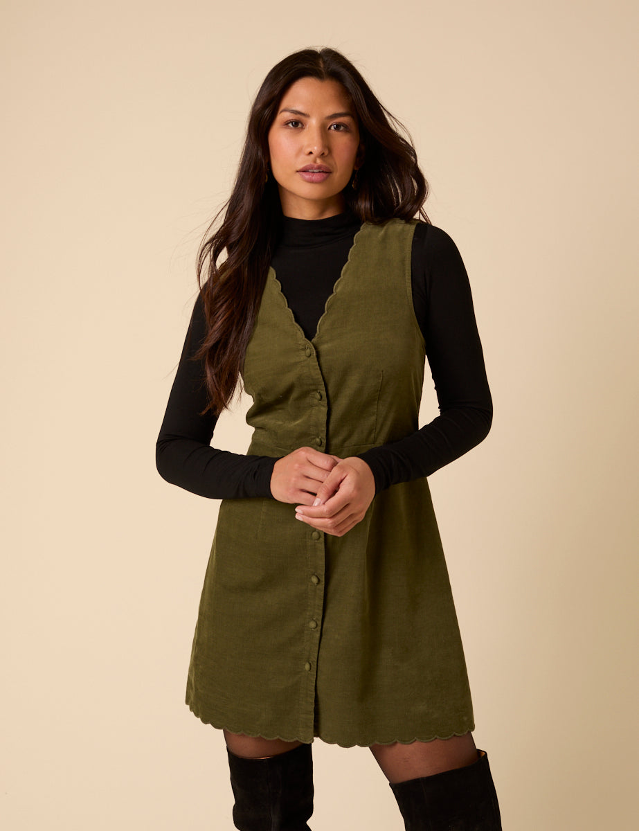 Green Cord Leone Pinafore Mini Dress