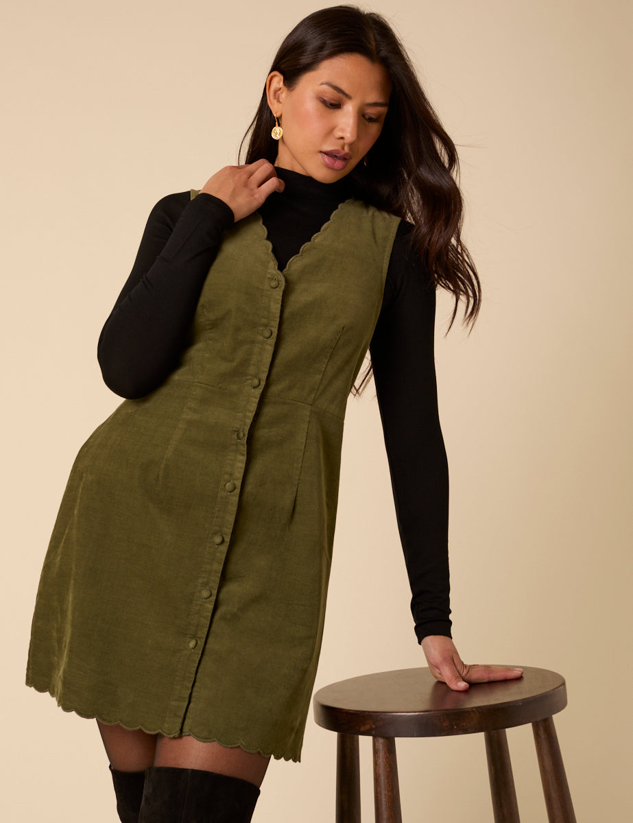 Green Cord Leone Pinafore Mini Dress