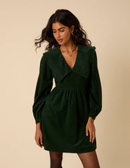 Green Peter Pan Collar Cord Cassis Mini Dress