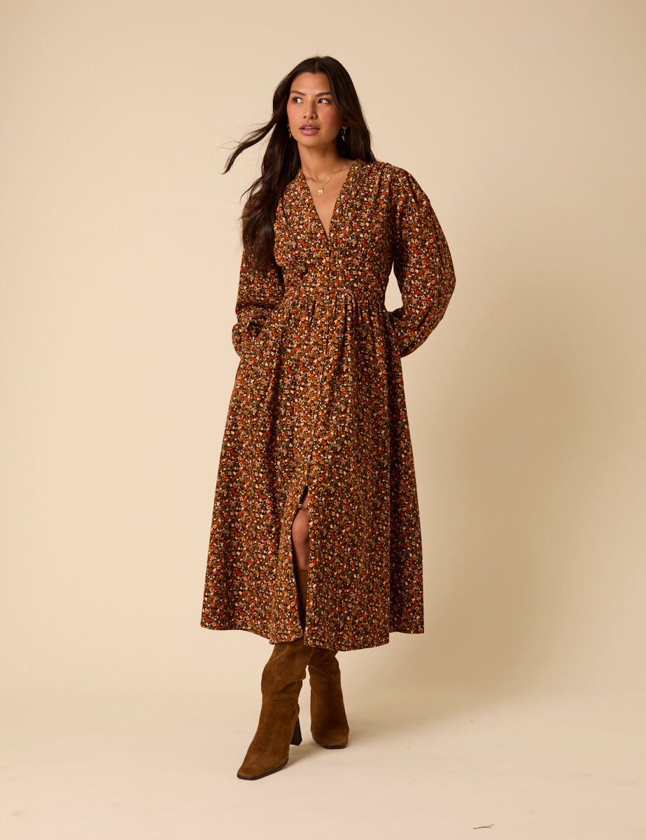 Black Ditsy Floral Cord Starlight Midi Dress