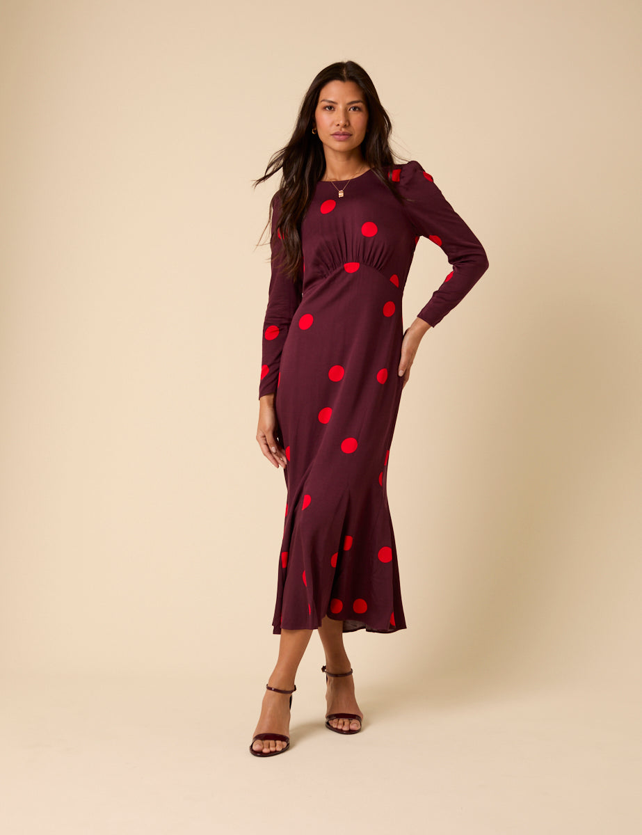 Burgundy Polka Dot Midi Dress