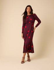Burgundy Polka Dot Midi Dress