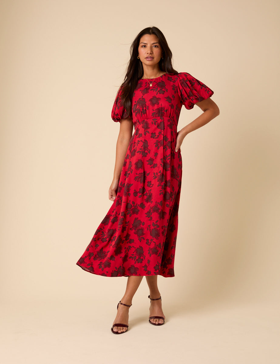 Red Puff Sleeve Quinn Midi Dress
