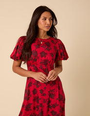 Red Puff Sleeve Quinn Midi Dress