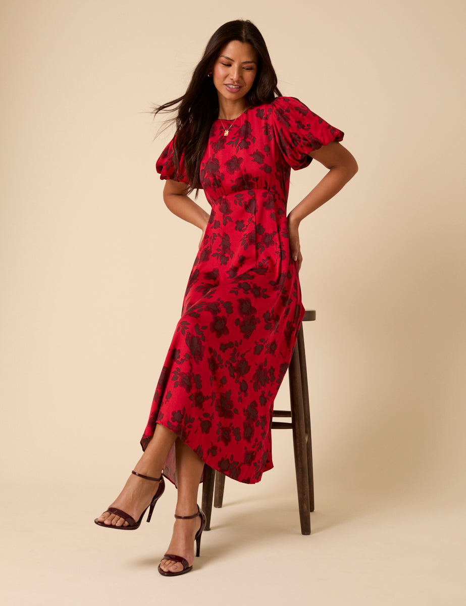 Red Puff Sleeve Quinn Midi Dress