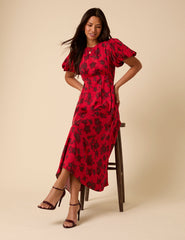 Red Puff Sleeve Quinn Midi Dress