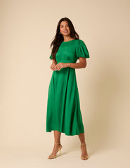 Green Satin Puff Sleeve Quinn Midi Dress