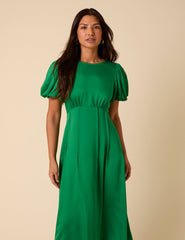 Green Satin Puff Sleeve Quinn Midi Dress
