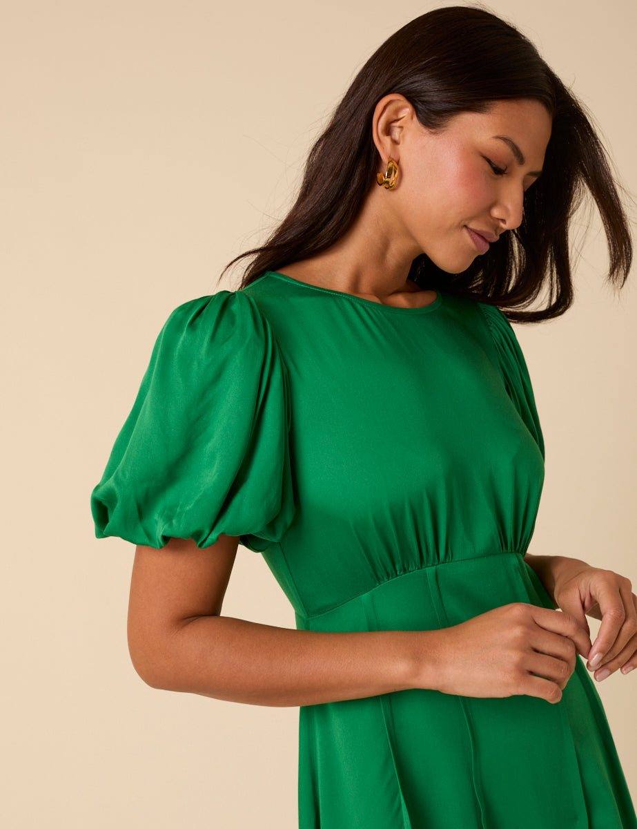 Green Satin Puff Sleeve Quinn Midi Dress