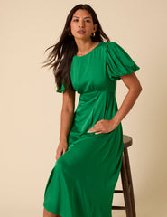 Green Satin Puff Sleeve Quinn Midi Dress