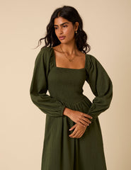 Khaki Long sleeve Imogen Midi Dress