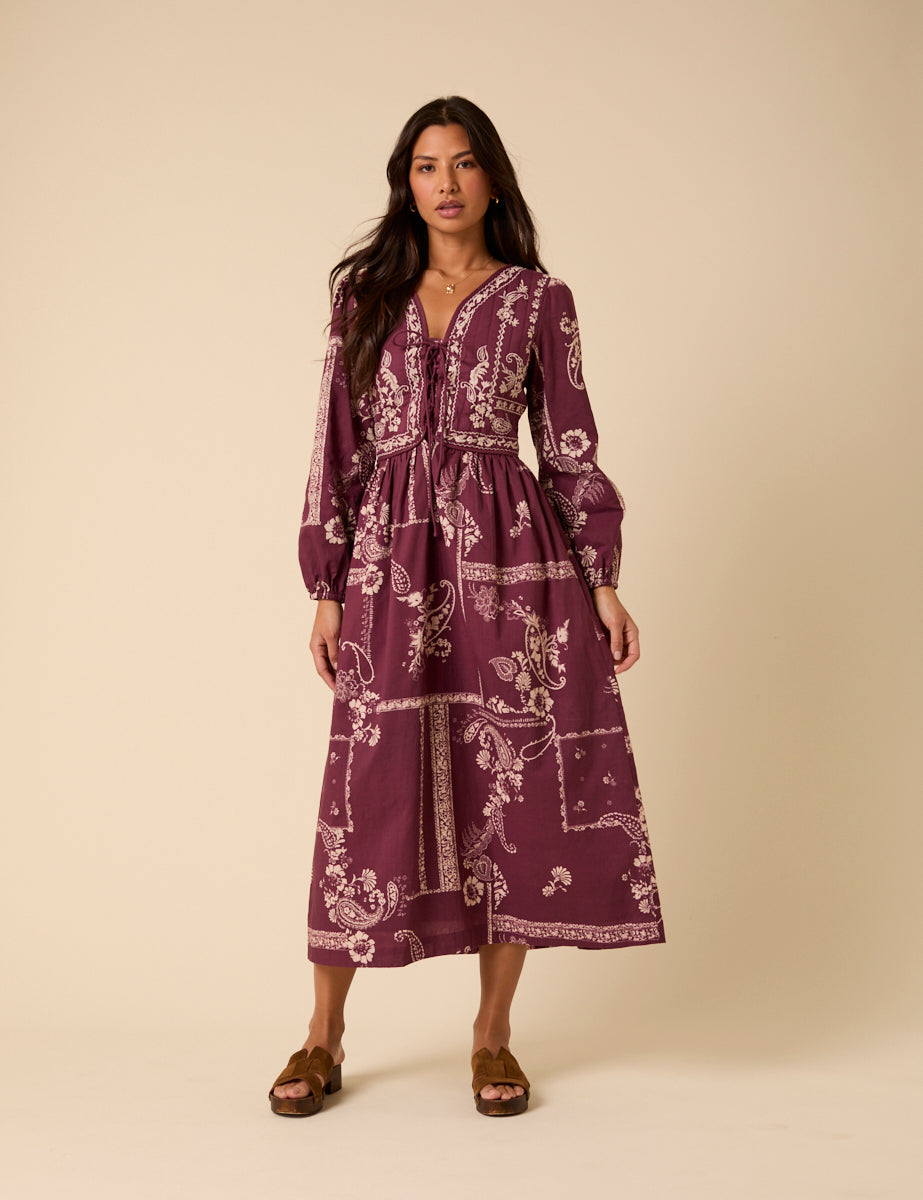 Purple Paisley Embroidered Quilted Monroe Midi Dress