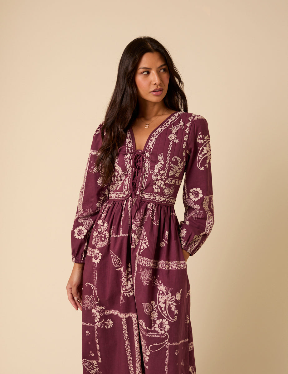 Purple Paisley Embroidered Quilted Monroe Midi Dress