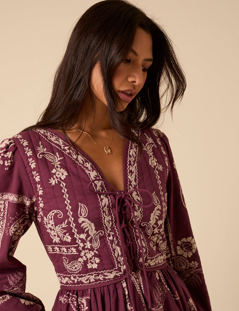 Purple Paisley Embroidered Quilted Monroe Midi Dress