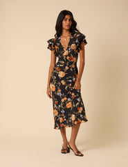 Black Floral Frill Sleeve Layla Midi Dress