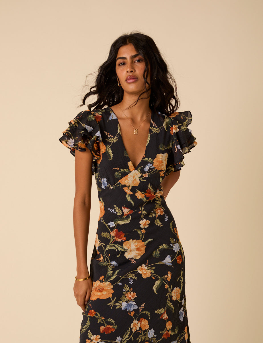 Black Floral Frill Sleeve Layla Midi Dress