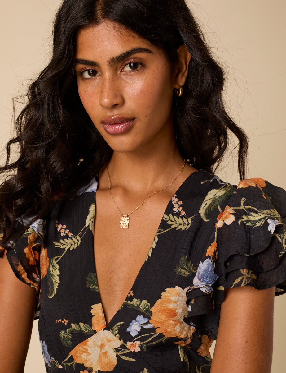 Black Floral Frill Sleeve Layla Midi Dress